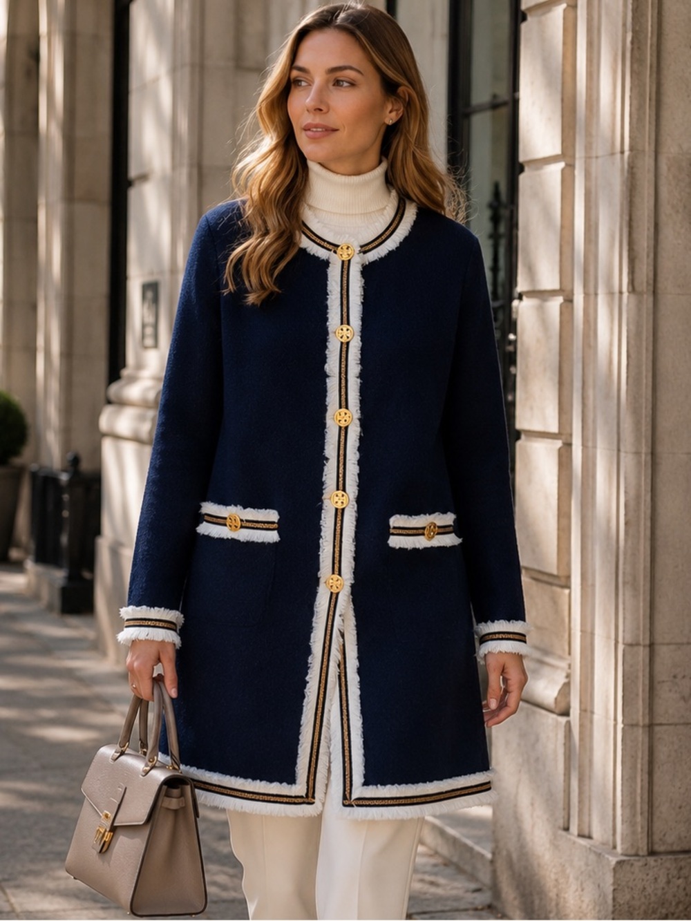 Tory Burch Kendra Fringe Sweater Coat Navy Blue Gold Logo Buttons L